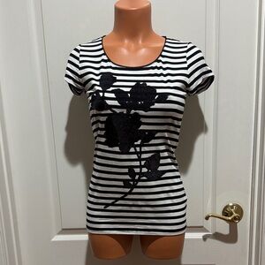 WHBM Sequined Striped Tee Black White Stripe XXS $68 EUC